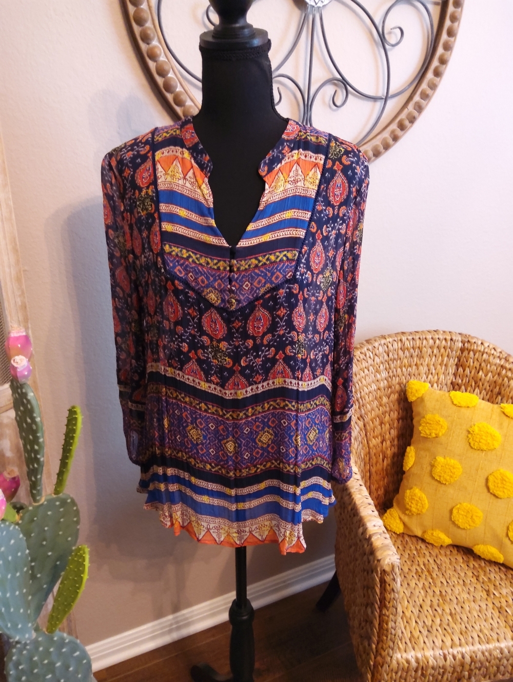 Lucky Brand Navy Multi Boho Printed V-Neck Tunic
